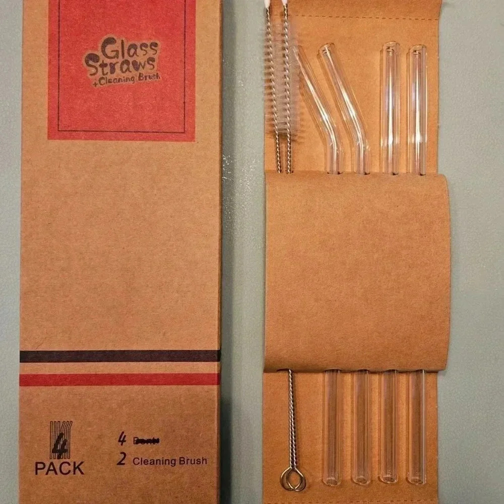 4-Pack Reusable Drinking Glass Straw  2 Straight, 2 Bent, 2 Brushes - NWOT